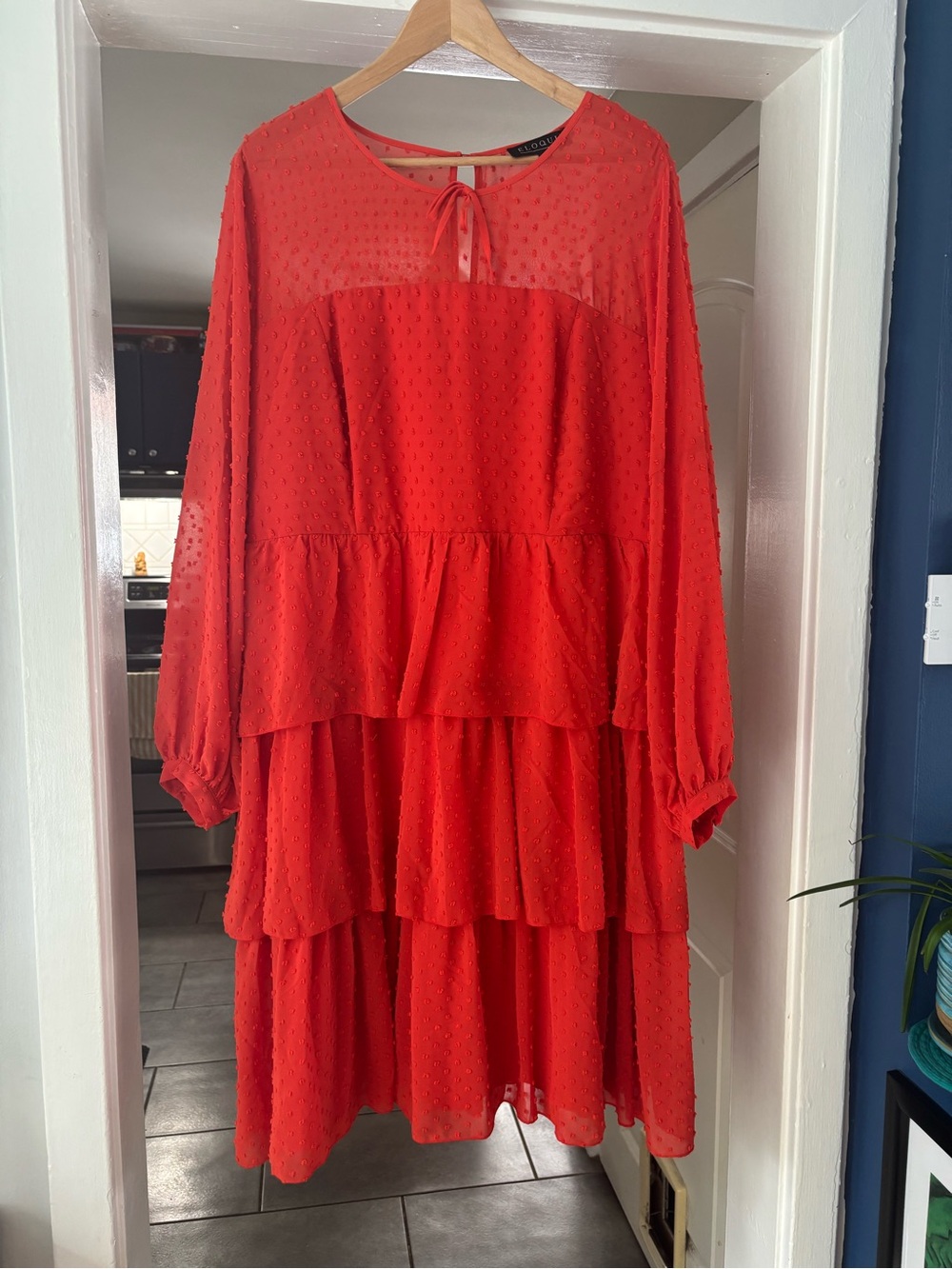 Eloquii Orange Tiered Long-Sleeve Dot-Texture Dress